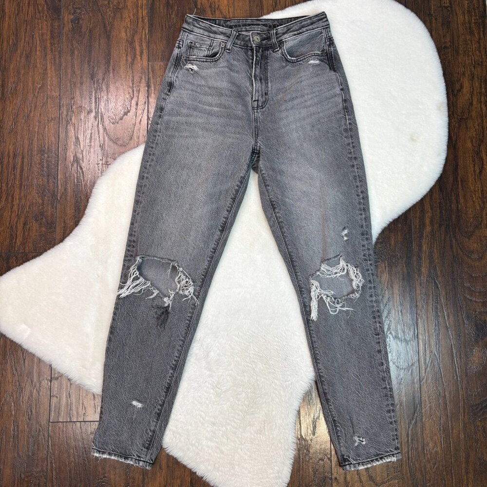 American Eagle Mom Jeans 0‎ Gray Ripped Distressed High-Rise
